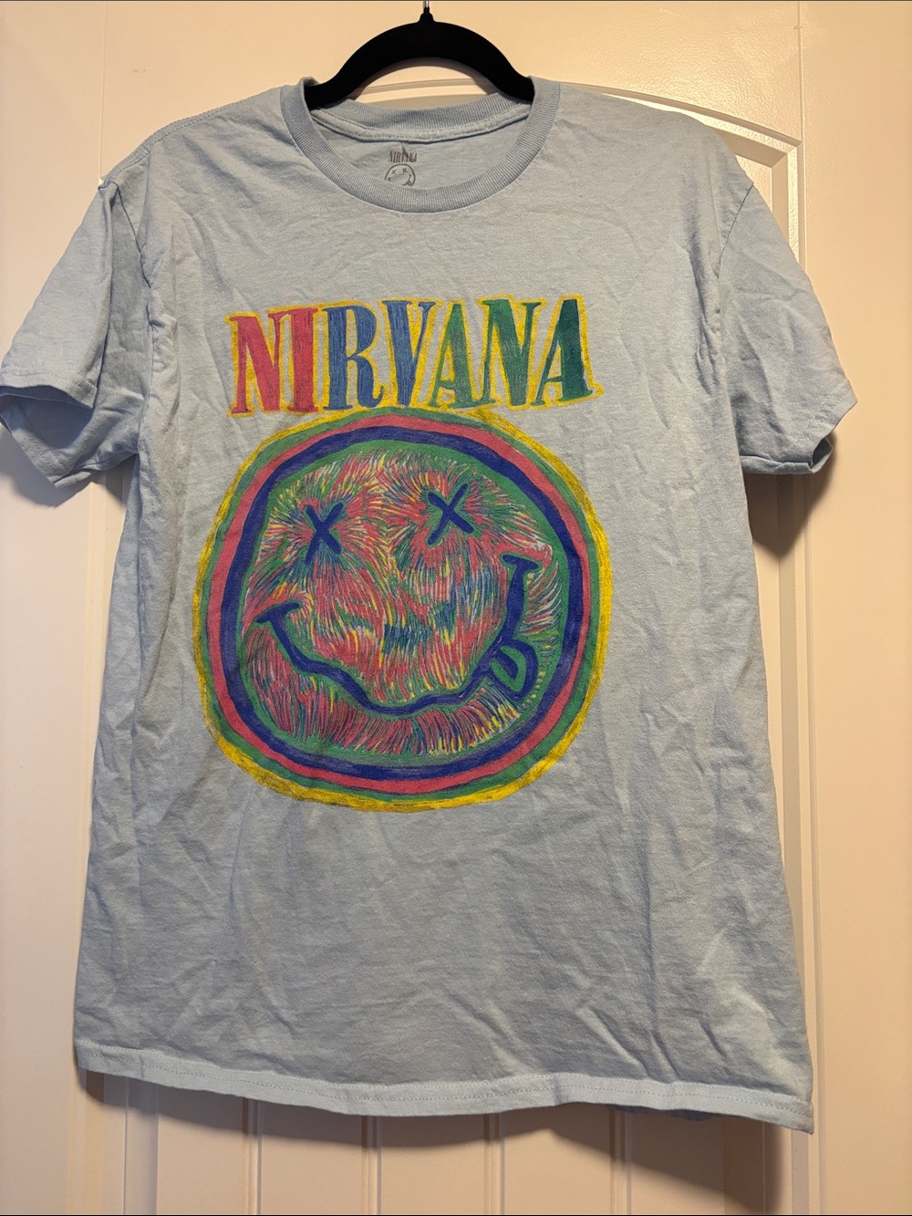 NIRVANA Light Blue Short Sleeve Tee with Multicolor Smiley Graphic
